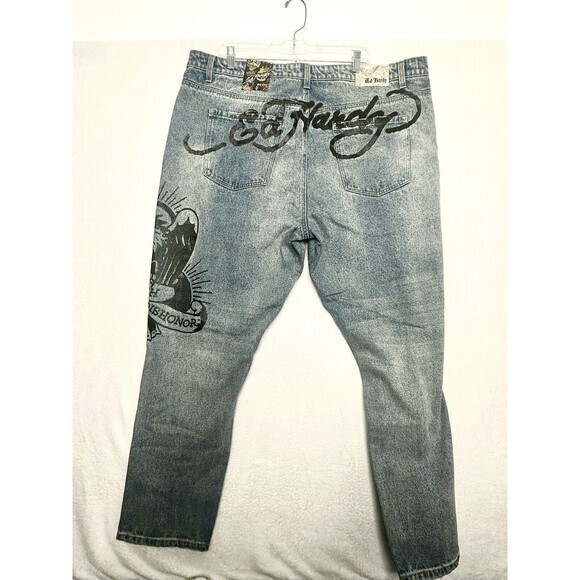 Ed Hardy Designer Slim Taper‎ Eagle Print Light Blue Denim Jeans Size 38 NWT - Picture 1 of 9